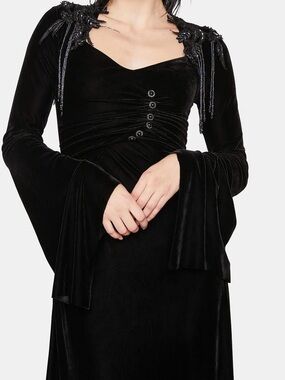 Eva Lady Black Velvet Embellished Gothic Maxi Dress
